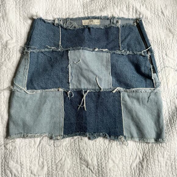 Stradivarius Patchwork Denim Mini Skirt Lowrise Y2K Distressed Grunge Frayed - Picture 1 of 4